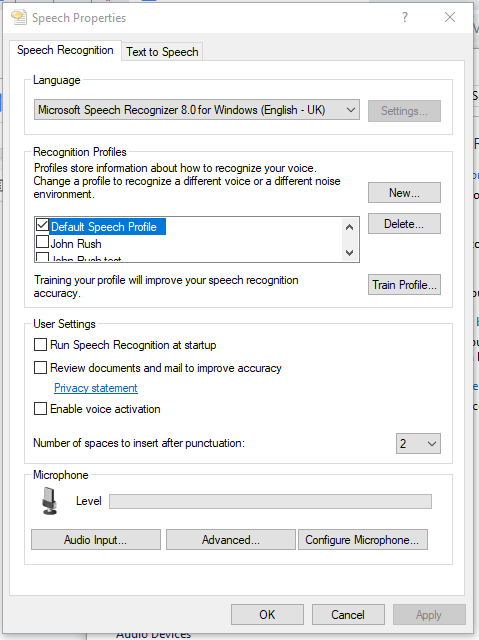 Speech Recognition Settings