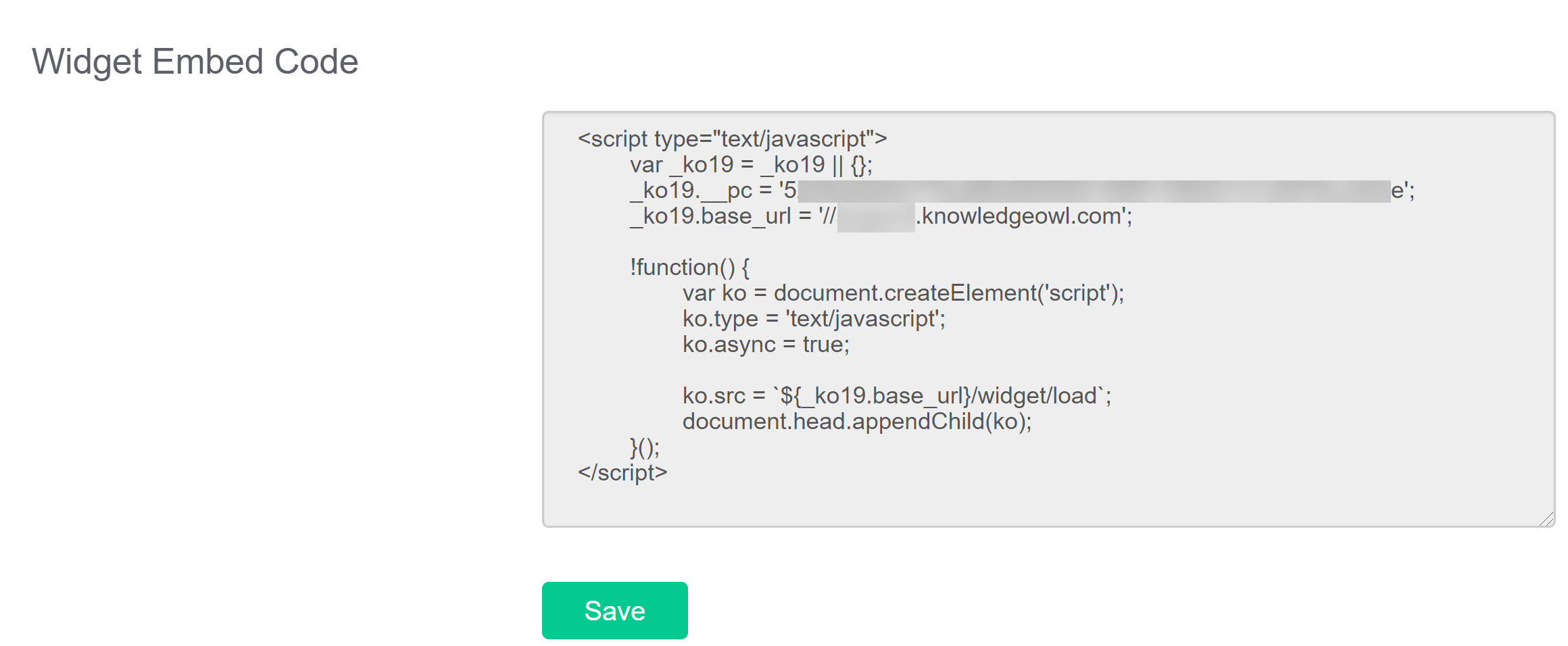 Screenshot showing the Widget Embed Code section of Settings > Widget