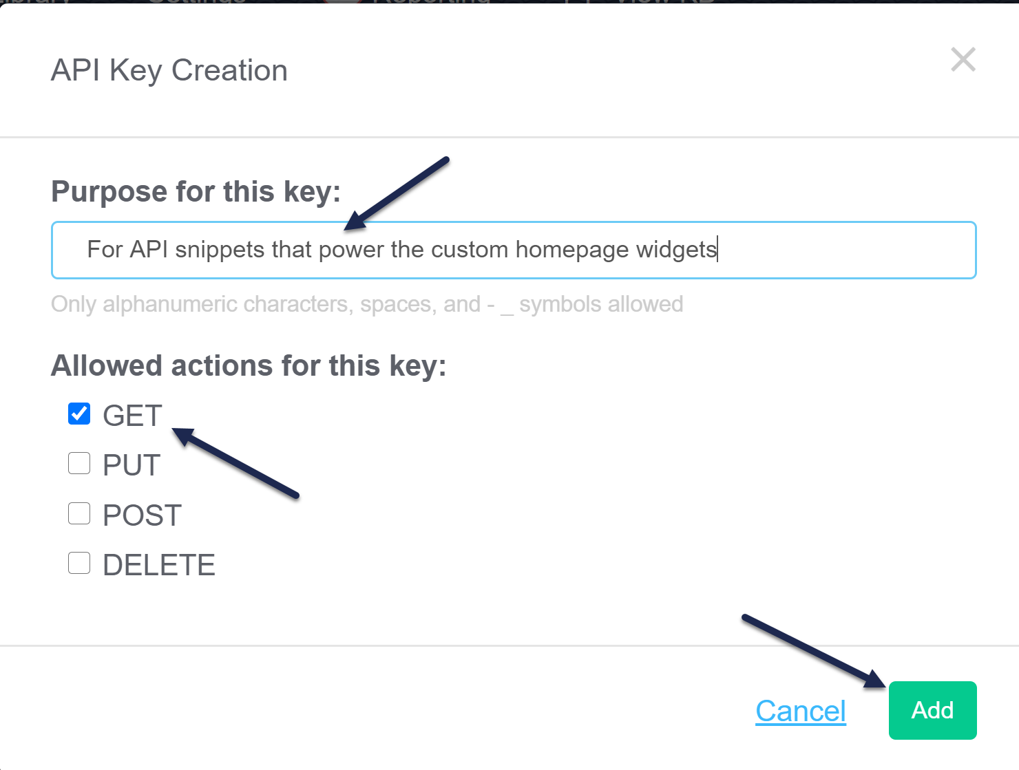 Screenshot showing the API Key Creation pop-up, with a callout around the action checkboxes and an arrow to the Add button