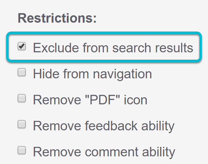 Screenshot showing the Exclude from search results option in the article editor