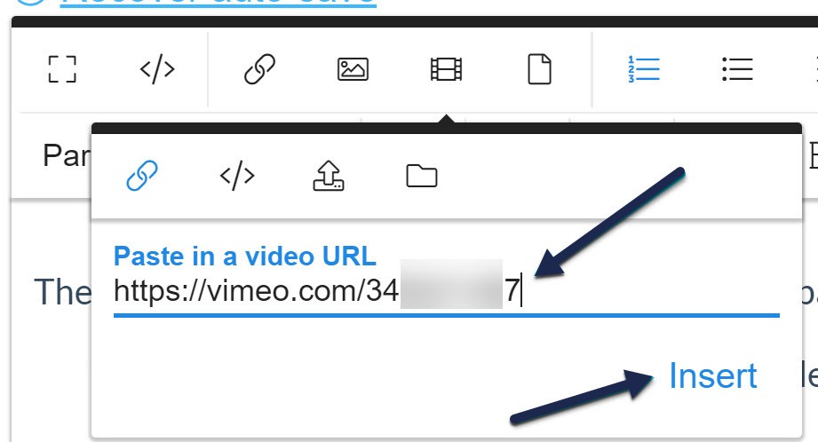Screenshot showing the Insert Video pop-up with the By URL option selected and a sample Vimeo video URL with arrows pointing to the URL and the Insert button