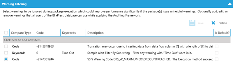 BI xPress Auditing Framework Workbench Warning Filtering