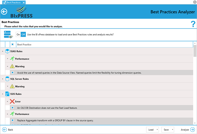 BI xPress Best Practice Analyzer select Best Practices