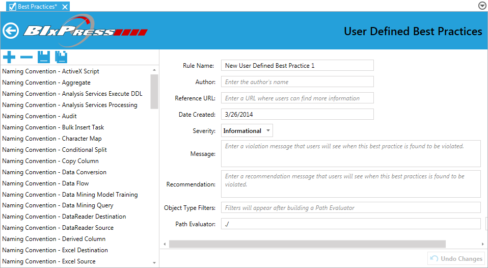 BI xPress User Defined Best Practices New Rule Form