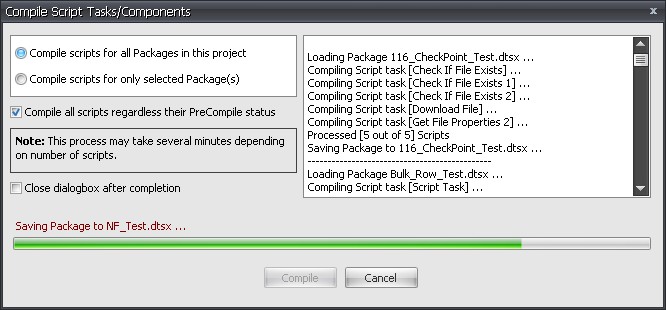 BI xPress Compile Script Tasks/components window