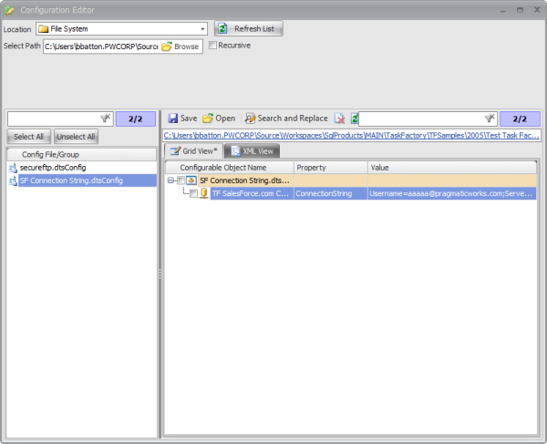 BI xPress Configuration Editor window