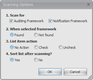 BI xPress Notification Framework Wizard Scanning Options window
