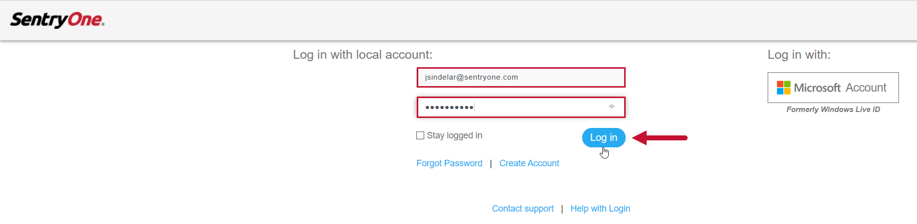 Log in with account displaying an email, jsindelar@sentryone.com, entered password, and highlighting the Log in button.