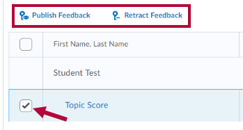 Identifies Publish feedback and retract feedback links and indicates the topic score checkbox location