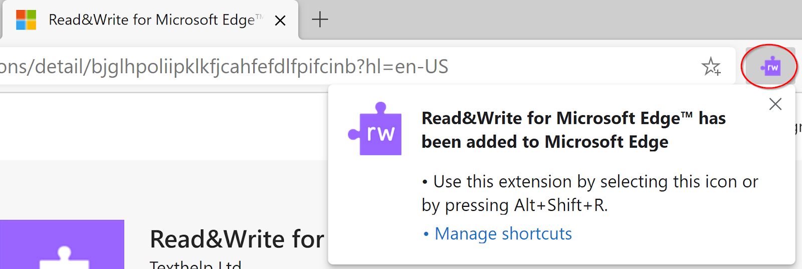 Confirmation window that extension has been added