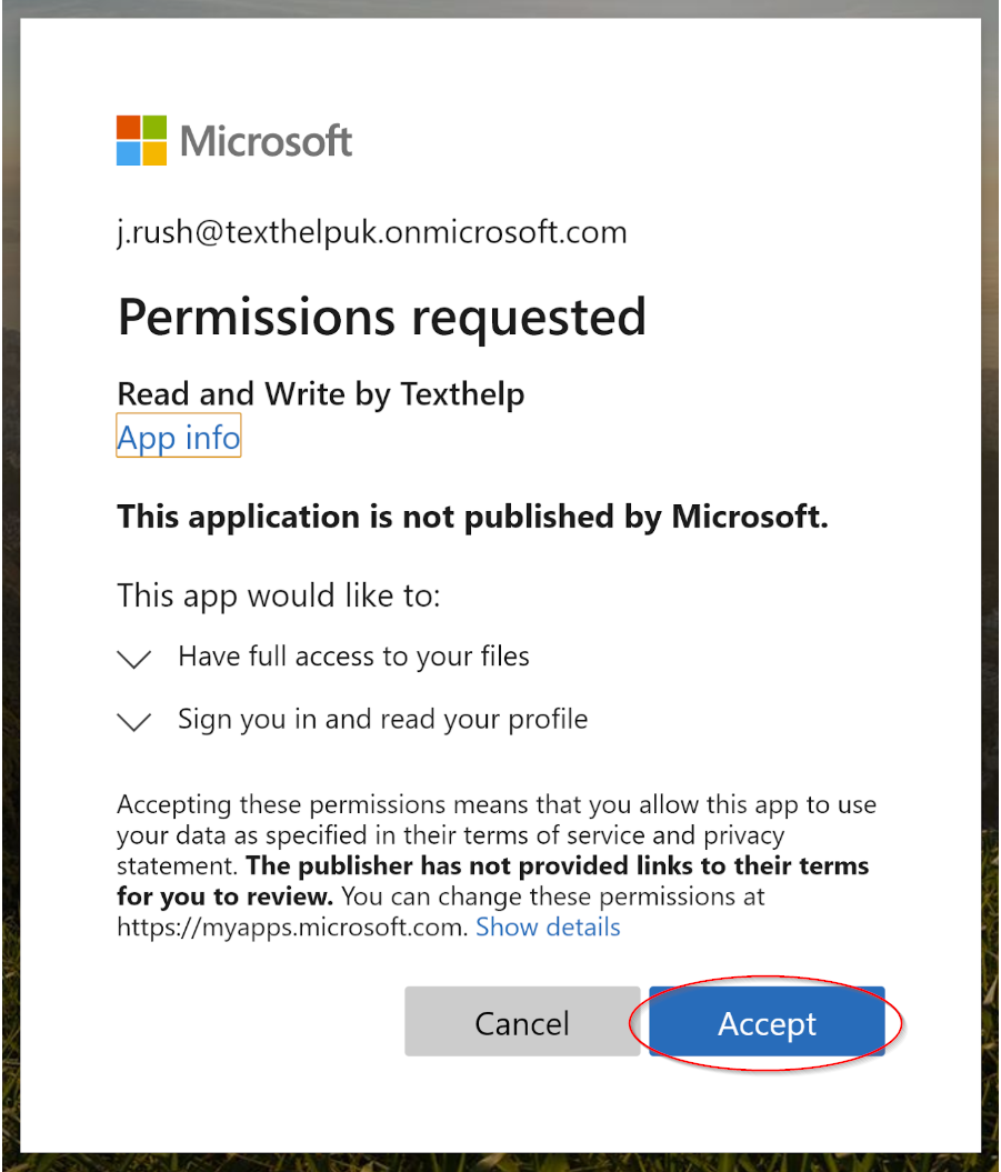 Permissions requested window