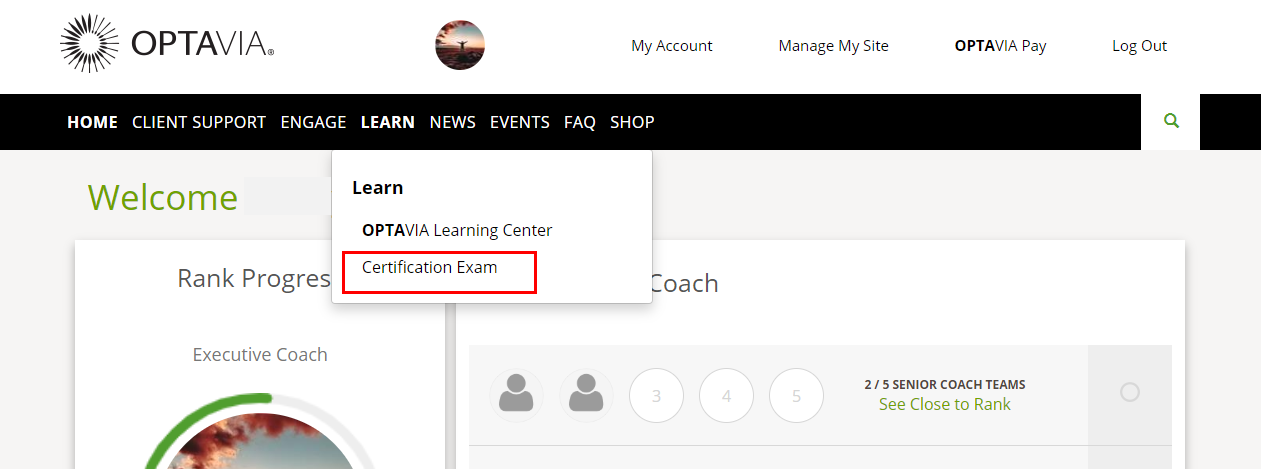 Connect dashboard - selecting Certification Exam from the Learn tab within the navigation menu.