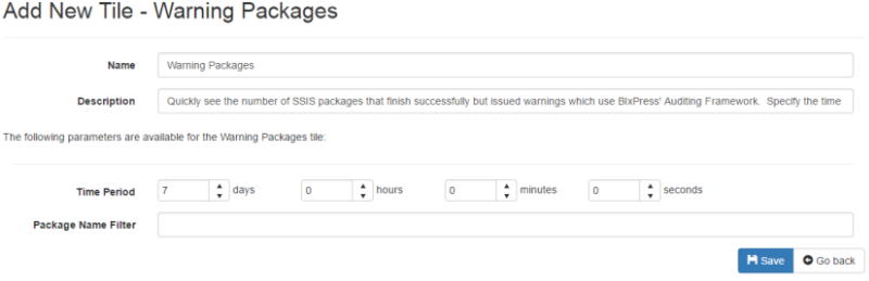 BI xPress Server System Dashboard Warning Packages tile