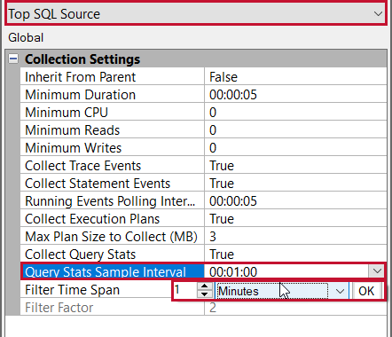 Query Stats Sample Interval settings