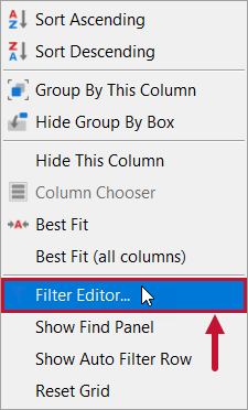 Top SQL Filter Editor context menu option