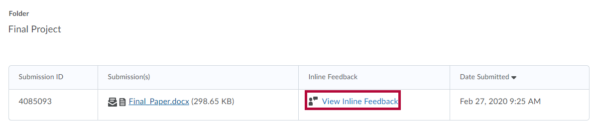 Identifies View Inline Feedback link on Assignments page.