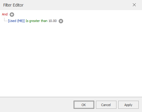 Indexes tab Filter Editor 