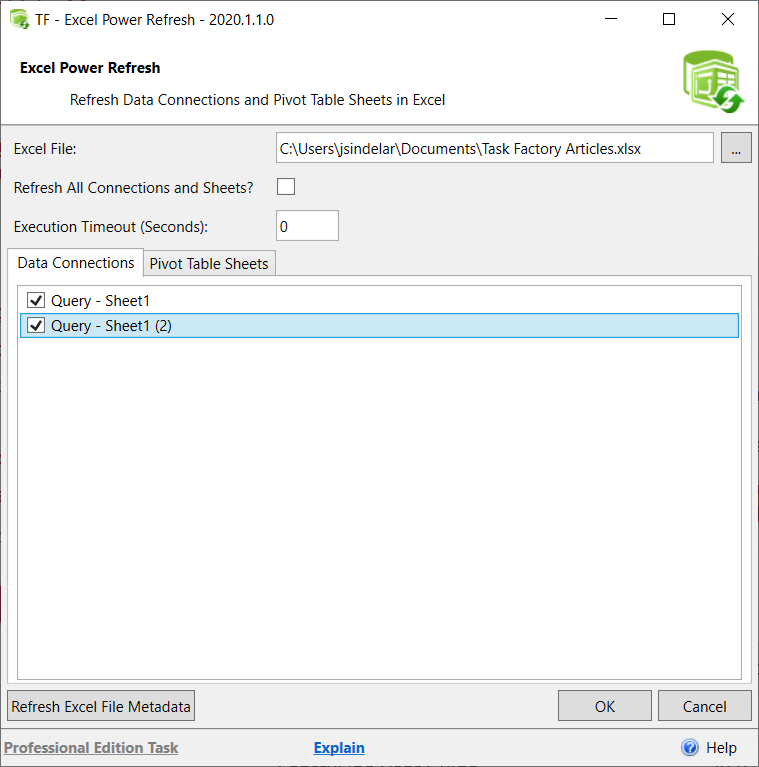 Task Factory Excel Power Refresh Data Connections