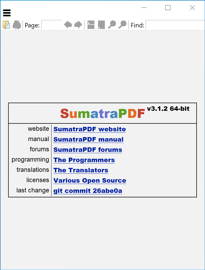 A sample of the SumatraPDF landing page.