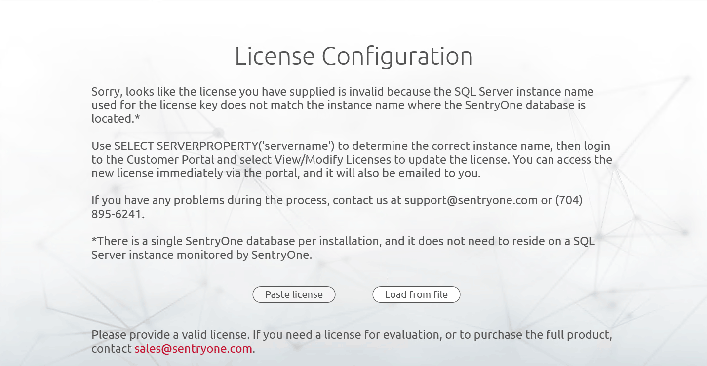 SentryOne License Configuration Error License Key Mismatch