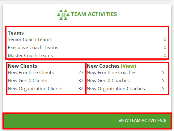 Team Activities snapshot is divided into 3 categories, Teams, New Clients, and New Coaches.