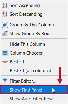 Distributed Queries Show Find Panel context menu