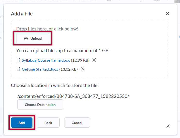 Identifies file upload button and the Add button