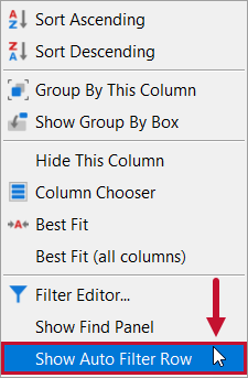 Distributed Queries Show Auto Filter Row context menu