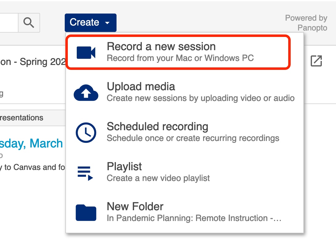 From dropdown menu in Create button, choose Record a new session (circled)