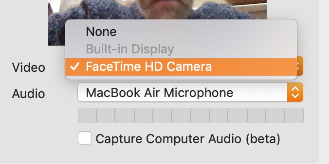 Image showing 3 options for Video: None, Built-in Display, and FaceTimeHD Camera