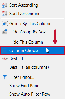 Column Chooser context menu