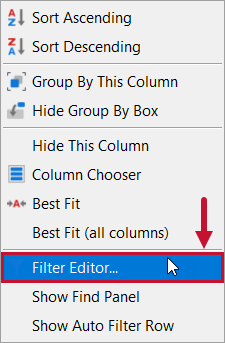 Filter Editor context menu