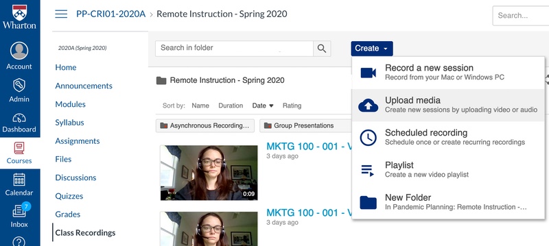 Screenshot of the Class Recordings Canvas tab with the Create options listed