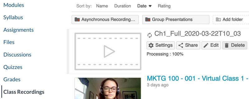 Screenshot of the Class Recordings with a newly uploaded video processing.