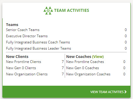 Team Activities snapshot - is broken up into three categories, Teams, New Clients and New Coaches.