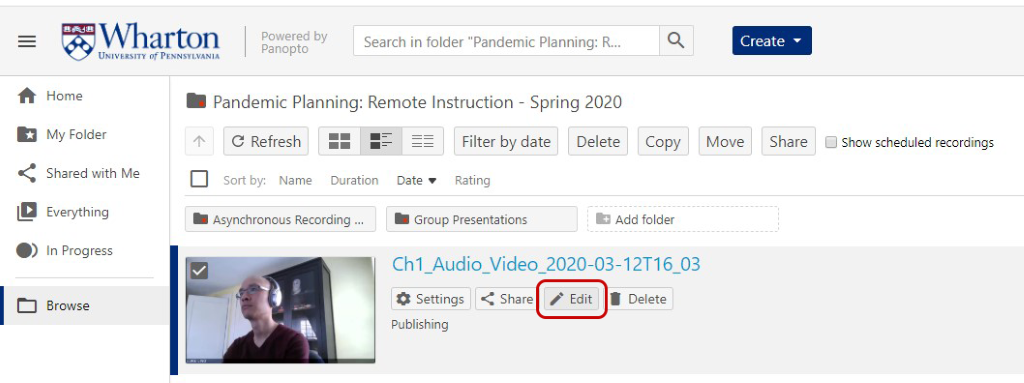 Panopto video listings with the Edit button highlighted in red.
