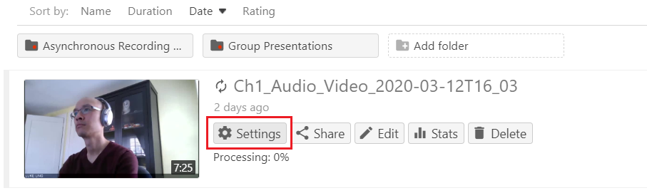 A video listing with five buttons to the right: Settings (highlighted here), Share, Edit, Stats, and Delete