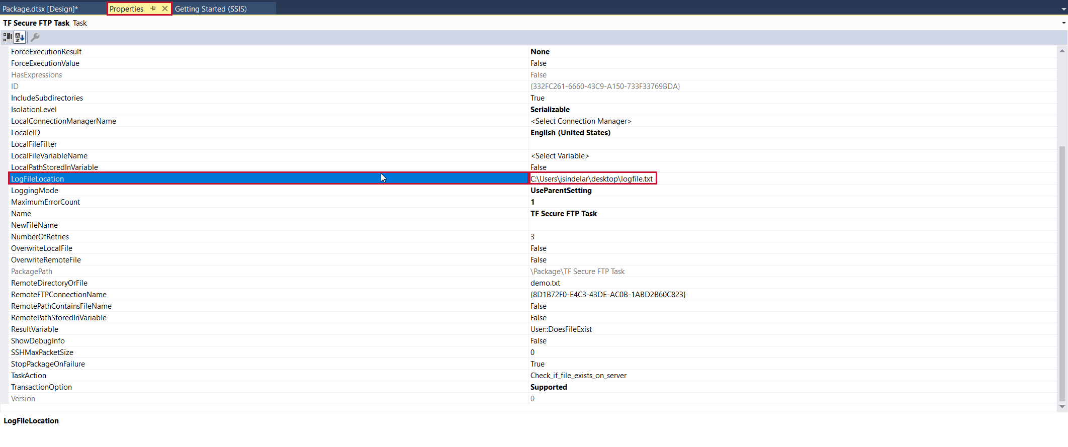 Task Factory Component Properties LogFileLocation property