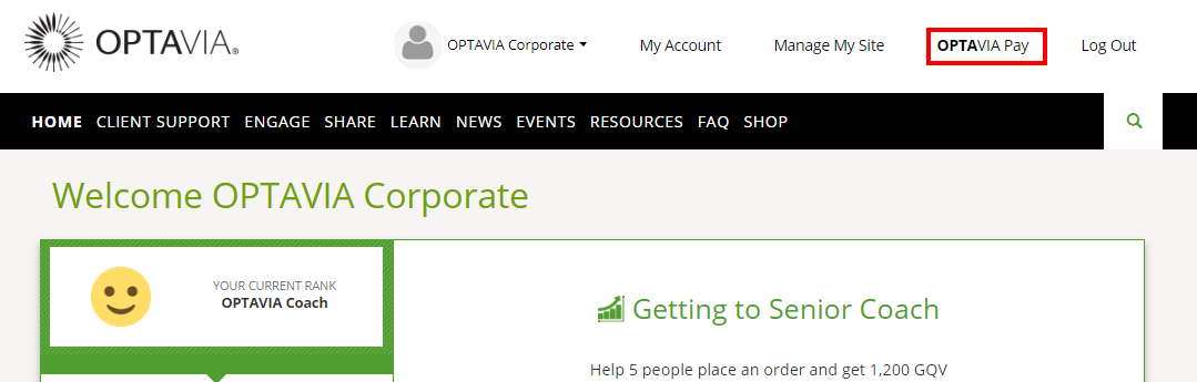The link for OPTAVIA Pay is in the upper right-hand corner above the navigation menu.