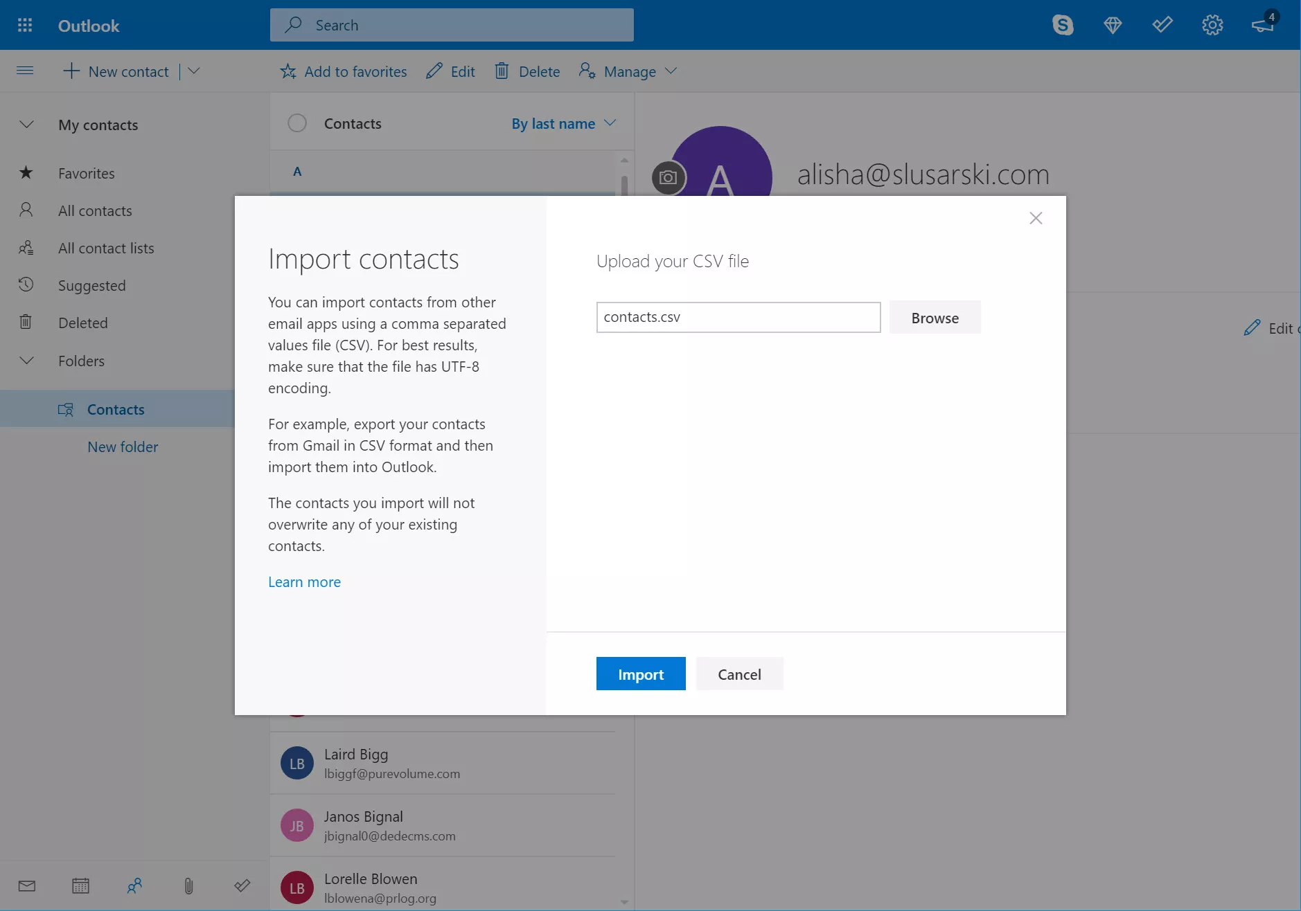 Import contacts screen in Outlook.com