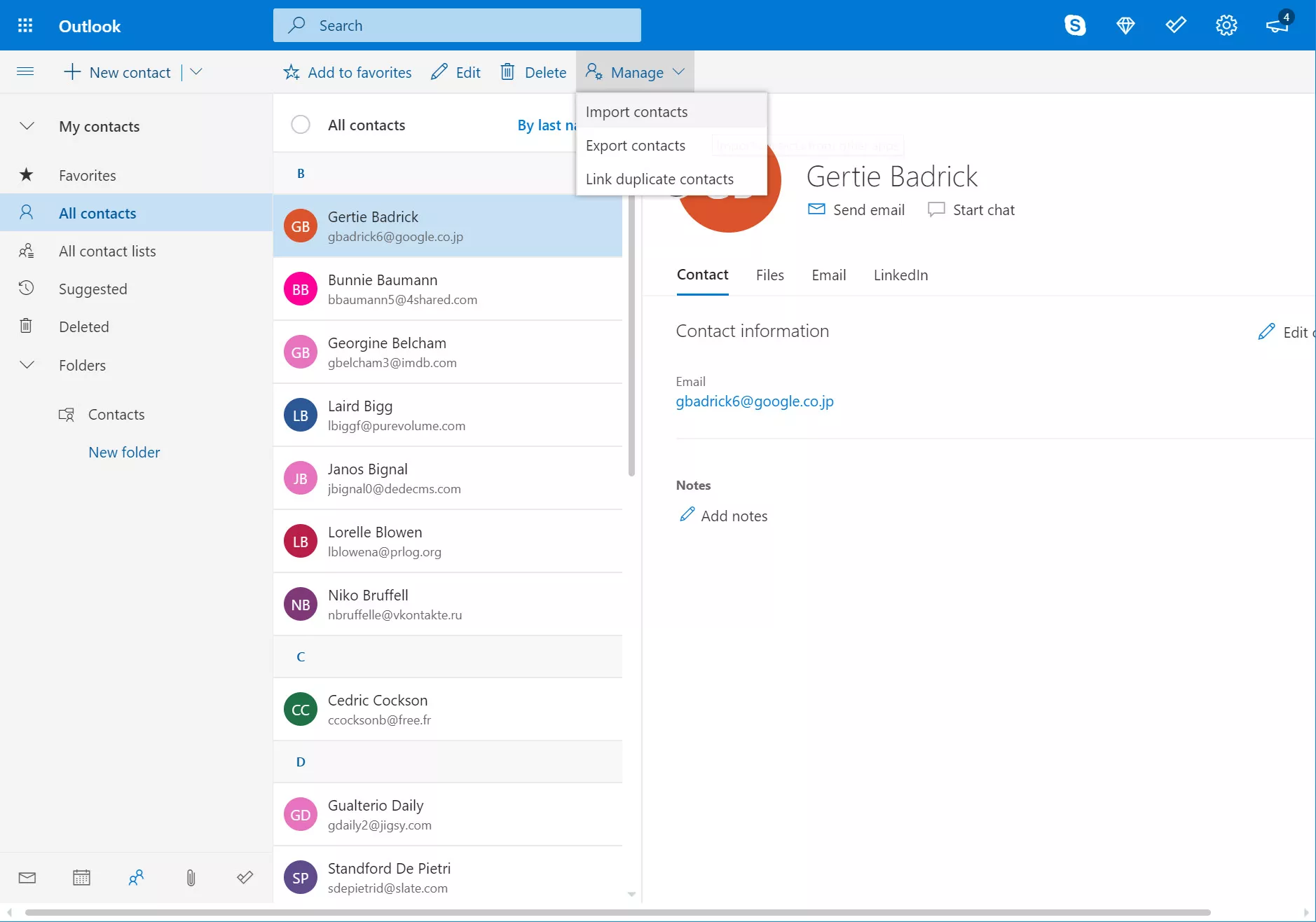 Manage menu and Import contacts selection in Outlook.com