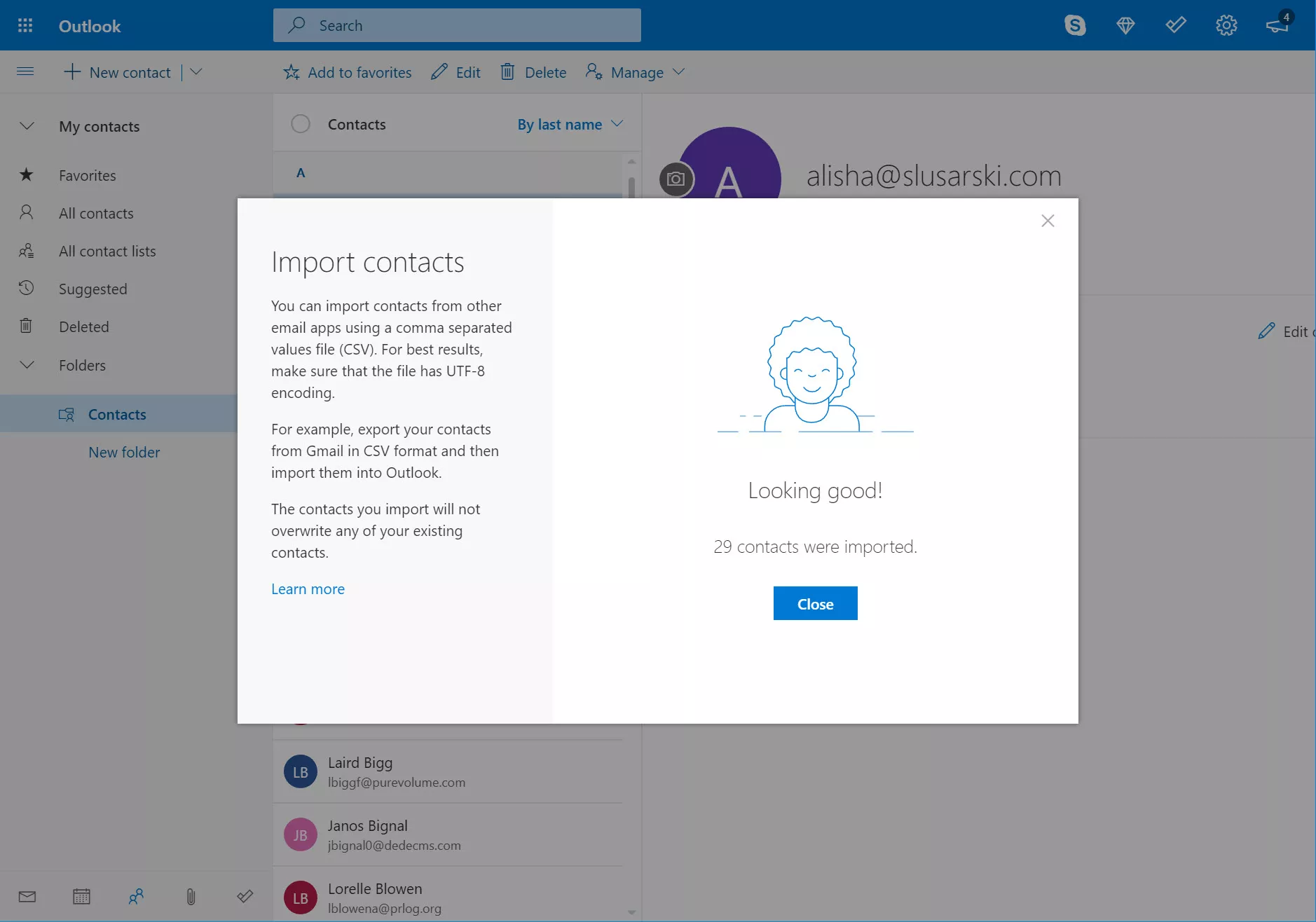 Import contacts complete screen in Outlook.com