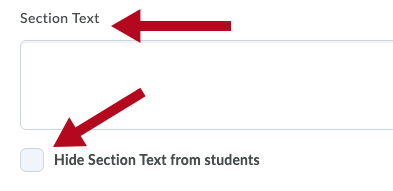Indicates Section Text and Hide Section Text field checkbox