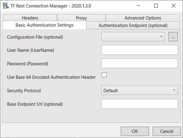 Task Factory Rest Connection Manager Basic Authentication Settings tab