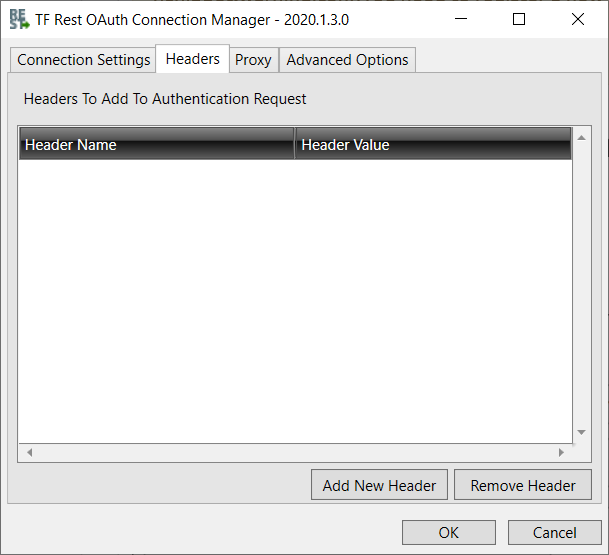 Task Factory Rest OAuth Connection Manager Headers tab 