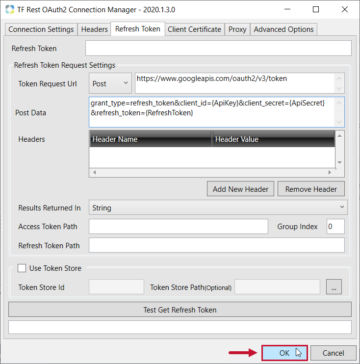 Task Factory Rest OAuth2 Connection Manager populated