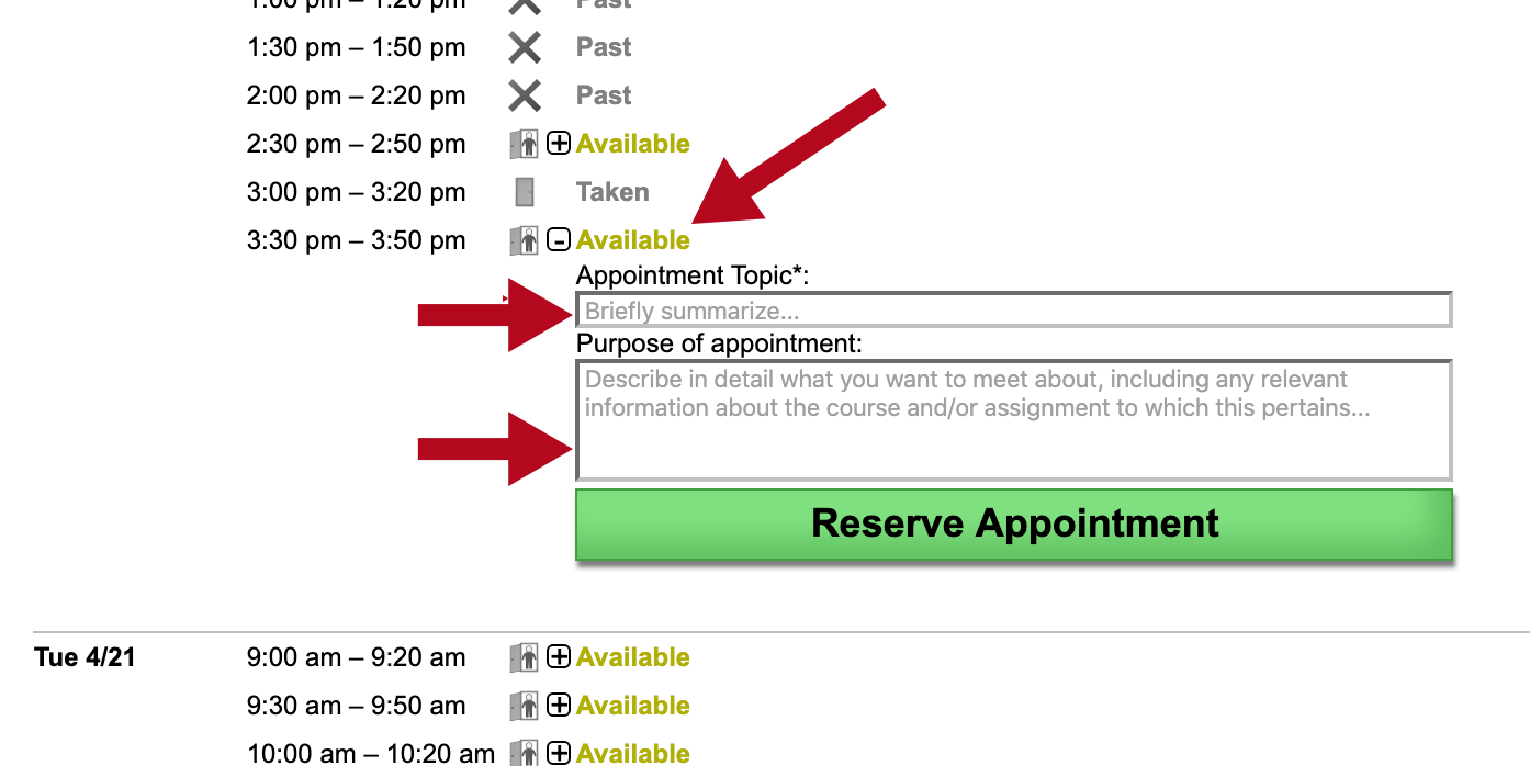 Indicates required fields for reserving an appointment