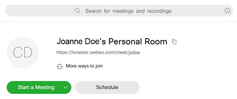 Shows the home screen after logging in and the label for Joanne Doe's Personal Room.