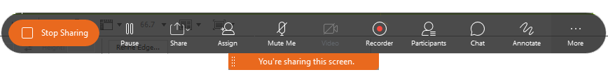 Shows the full WebEx presenter menu visible whenever you mouseover the sharing alert..