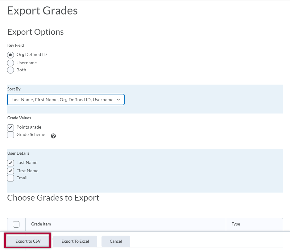 Displays Export Grade options screen with Export to CSV button indicated 